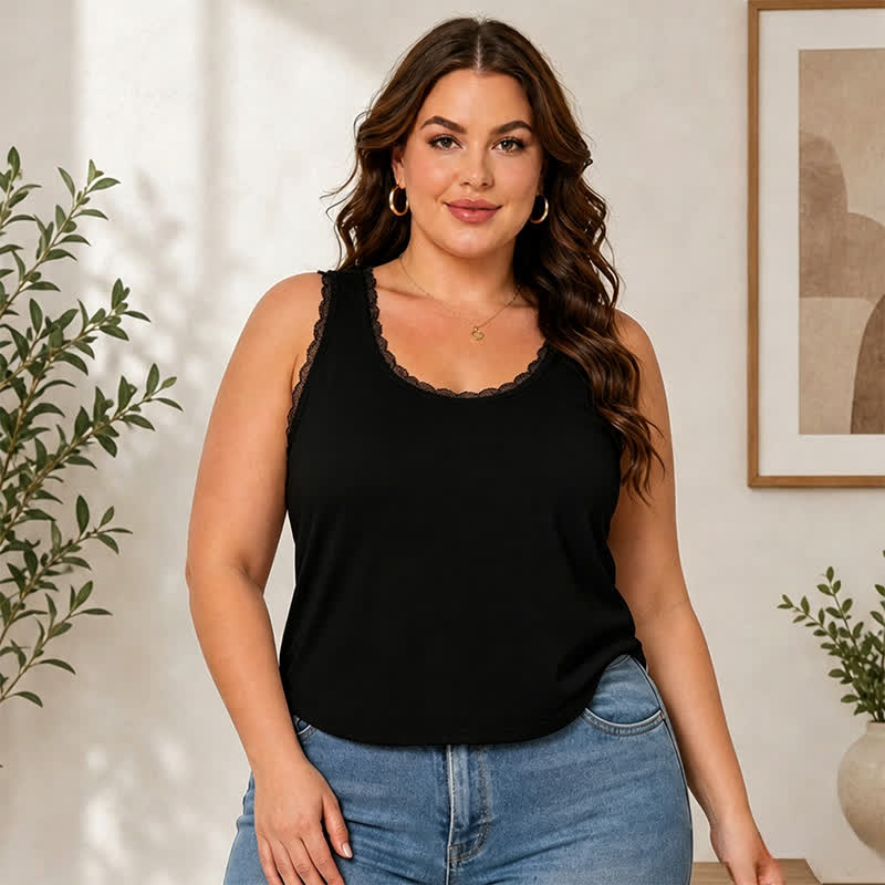Plusock Plus Size Casual Lace Tank Top - Black - 3XL - image 4