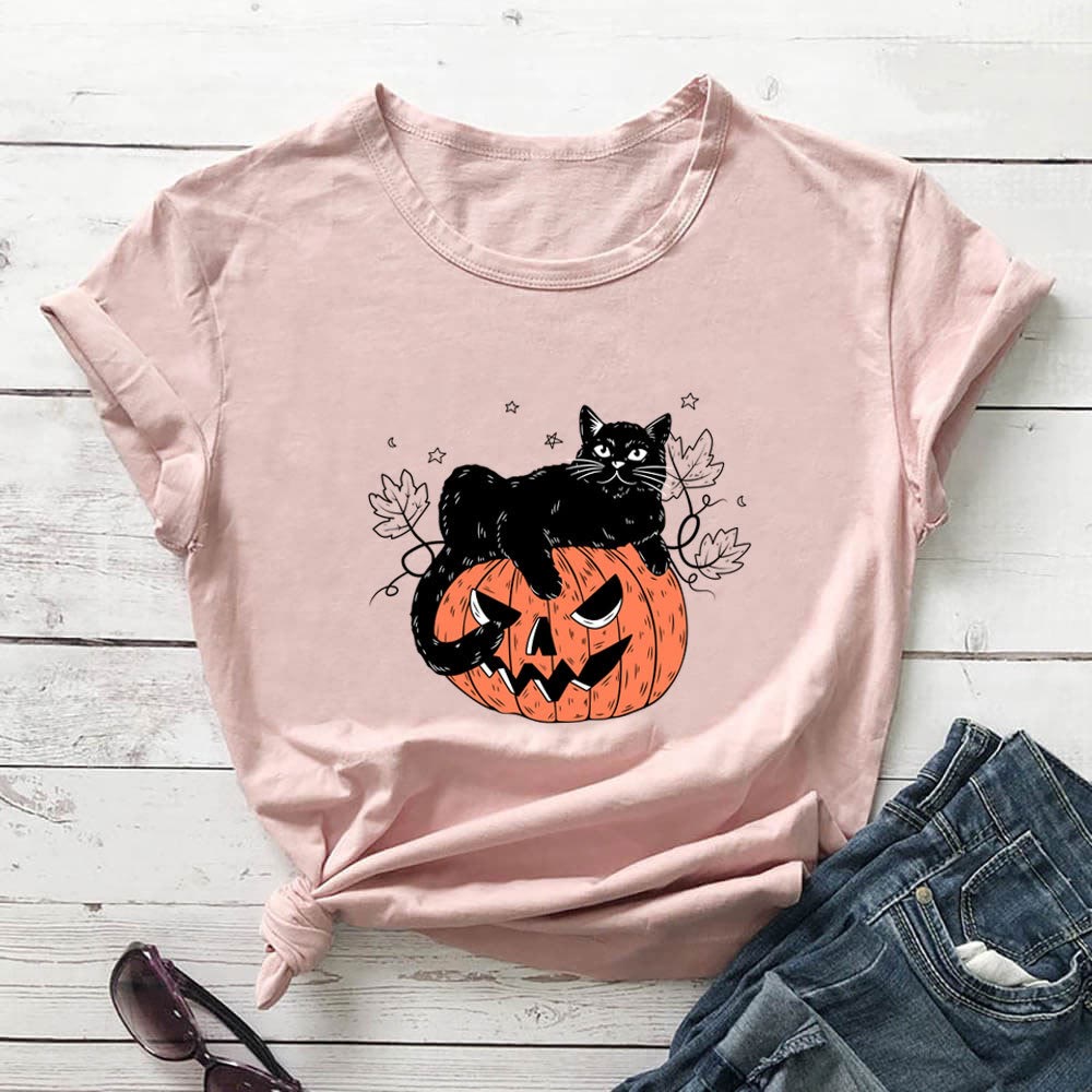 Plusock Plus Size Cat Pumpkin Print Short Sleeve T-Shirt - Light Pink - 3XL - image 1