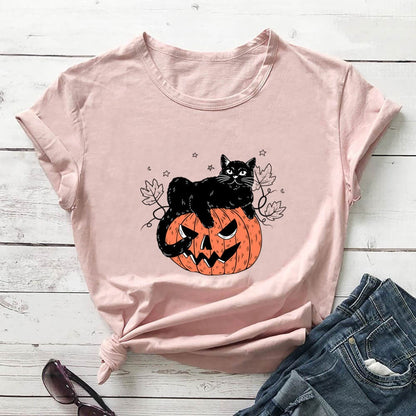 Plusock Plus Size Cat Pumpkin Print Short Sleeve T-Shirt - Light Pink - 3XL - image 1