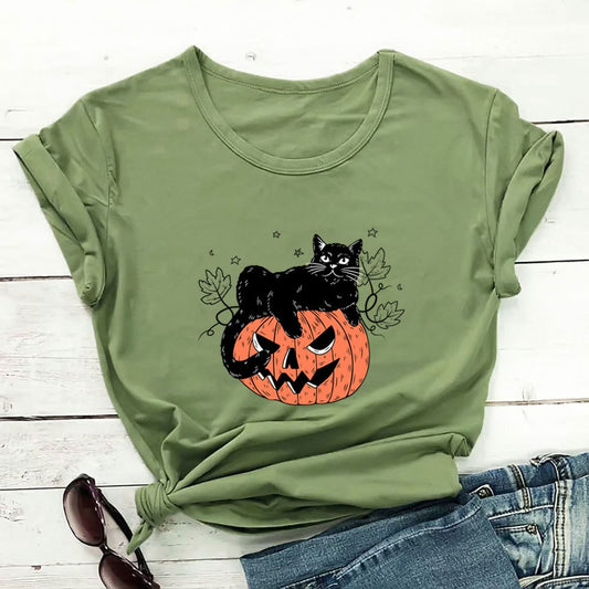 Plusock Plus Size Cat Pumpkin Print Short Sleeve T-Shirt - Green - 3XL - image 0