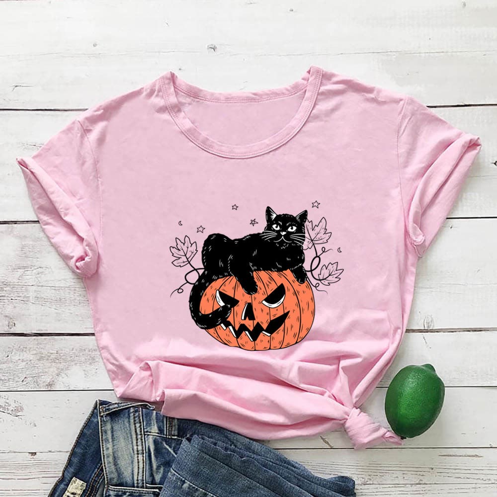 Plusock Plus Size Cat Pumpkin Print Short Sleeve T-Shirt - Pink - 3XL - image 4