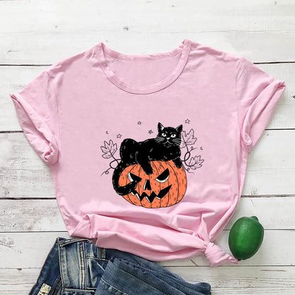 Plusock Plus Size Cat Pumpkin Print Short Sleeve T-Shirt - Pink - 3XL - image 4