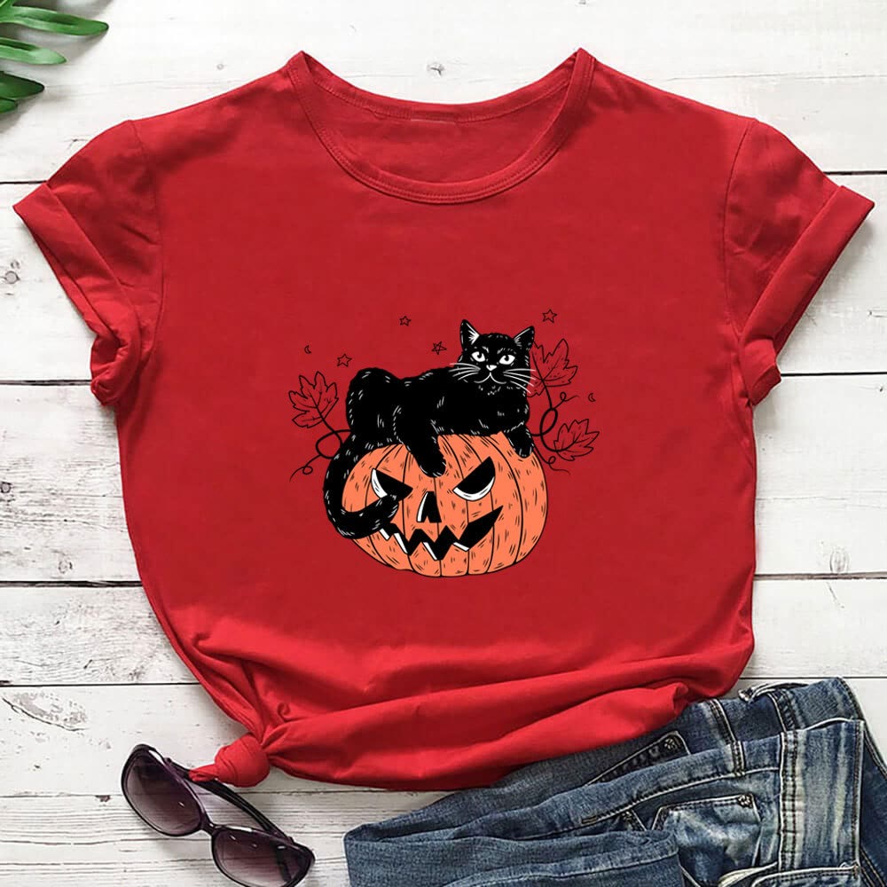 Plusock Plus Size Cat Pumpkin Print Short Sleeve T-Shirt - Red - 3XL - image 3
