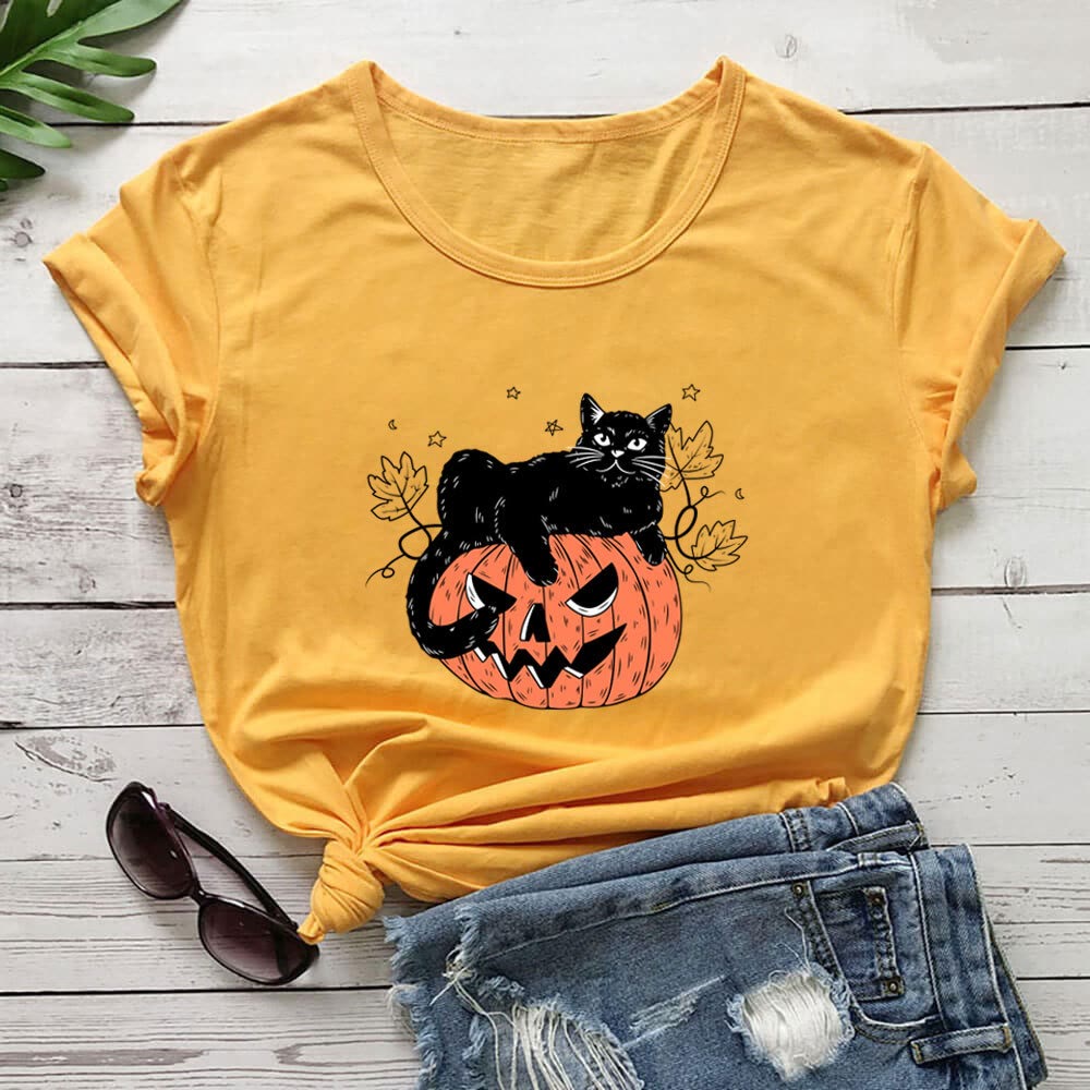 Plusock Plus Size Cat Pumpkin Print Short Sleeve T-Shirt - Yellow - 3XL - image 6