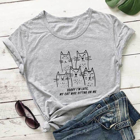 Plusock Plus Size Cat Funny Letter Short Sleeve T-shirt - Grey - 3XL - image 0
