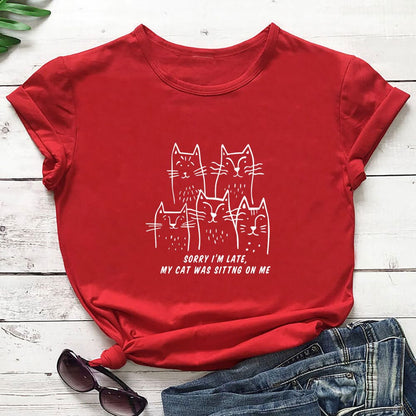 Plusock Plus Size Cat Funny Letter Short Sleeve T-shirt - Red - 3XL - image 2