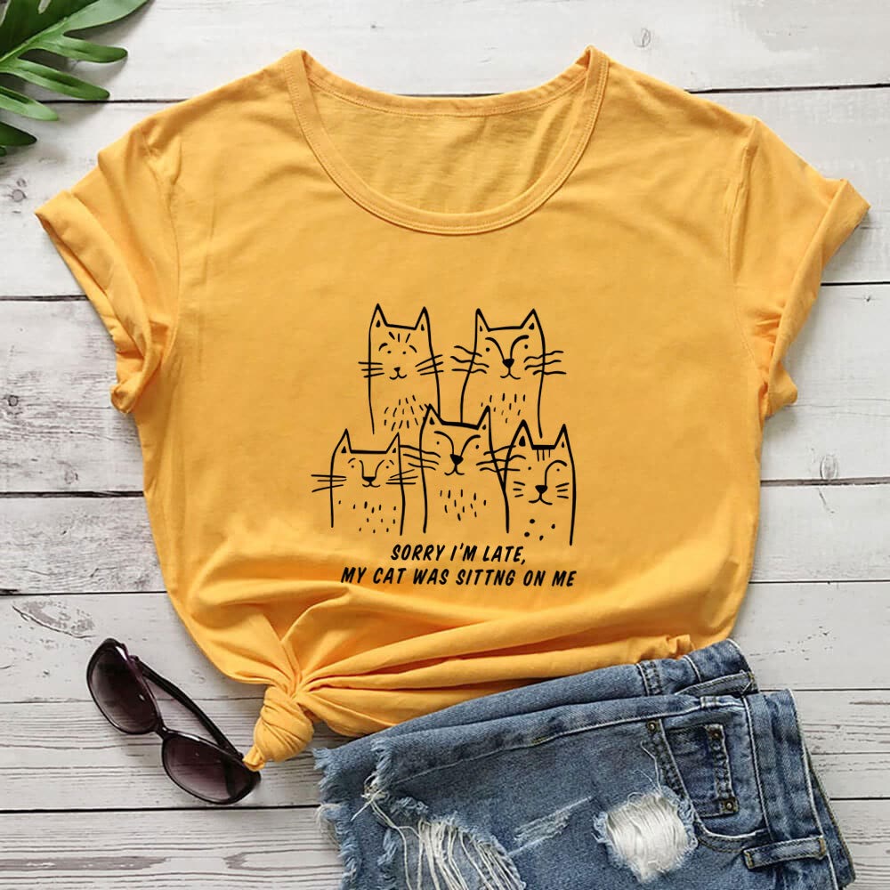 Plusock Plus Size Cat Funny Letter Short Sleeve T-shirt - Yellow - 3XL - image 5