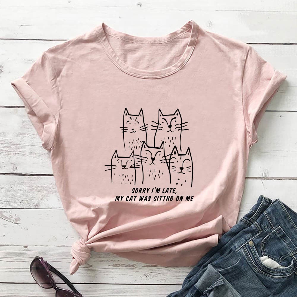 Plusock Plus Size Cat Funny Letter Short Sleeve T-shirt - Light Pink - 3XL - image 6