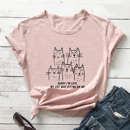 Plusock Plus Size Cat Funny Letter Short Sleeve T-shirt - Light Pink - 3XL - image 6
