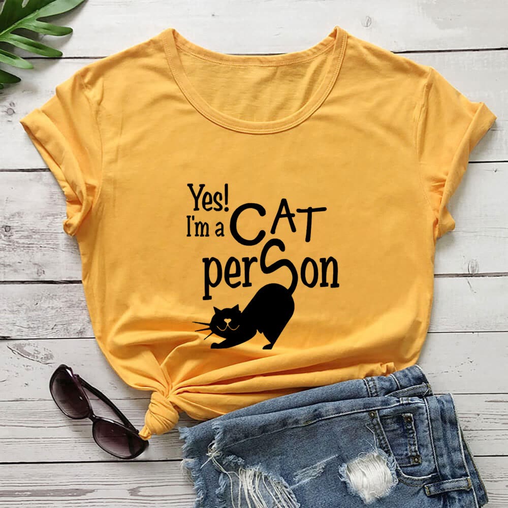 Plusock Plus Size Cat Person Letter Short Sleeve T-shirt - Yellow - 3XL - image 7