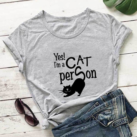 Plusock Plus Size Cat Person Letter Short Sleeve T-shirt - Grey - 3XL - image 0