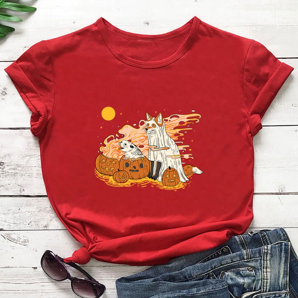 Plusock Plus Size Dog Pumpkin hort Sleeve T-shirt - Red - 3XL - image 3