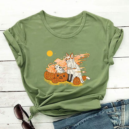 Plusock Plus Size Dog Pumpkin hort Sleeve T-shirt - Green - 3XL - image 2