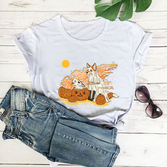 Plusock Plus Size Dog Pumpkin hort Sleeve T-shirt - White - 3XL - image 0