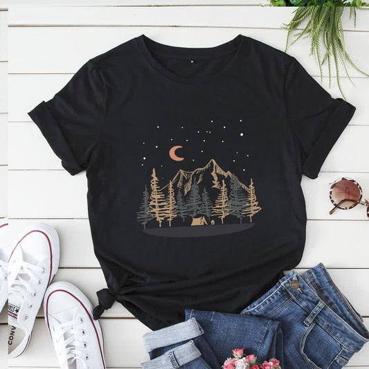Plusock Plus Size Landscape Mountain Picture T-shirt - Black - 5XL - image 0