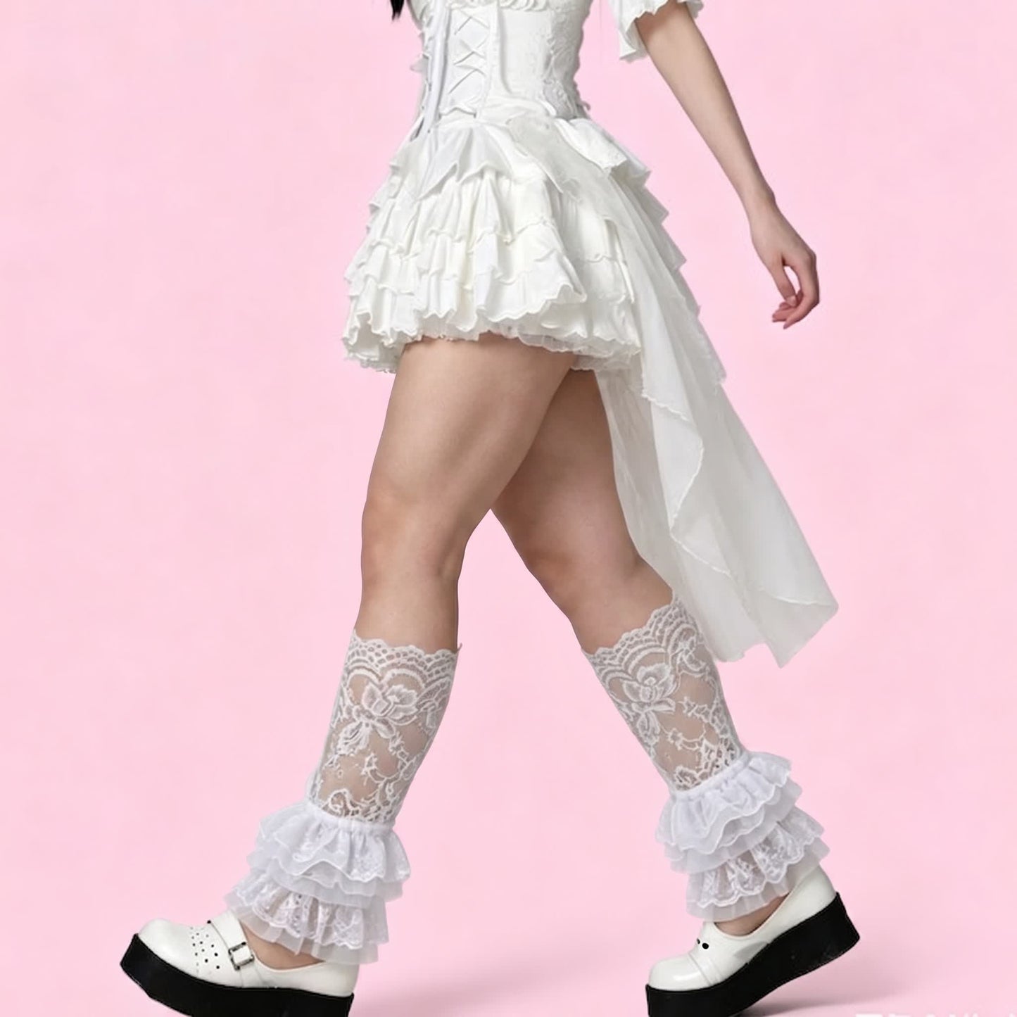 Plusock Gothic Lace Ruffle Crew Socks(2 Pairs) - White-D2 - One Size - image 1