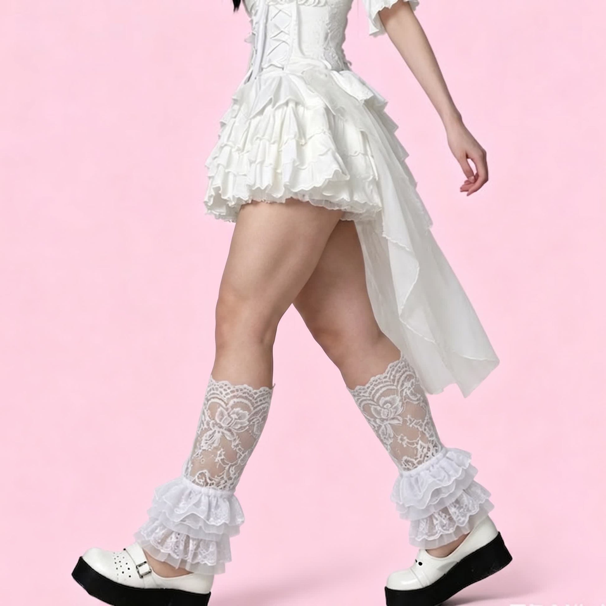 Plusock Gothic Lace Ruffle Crew Socks(2 Pairs) - White-D2 - One Size - image 1
