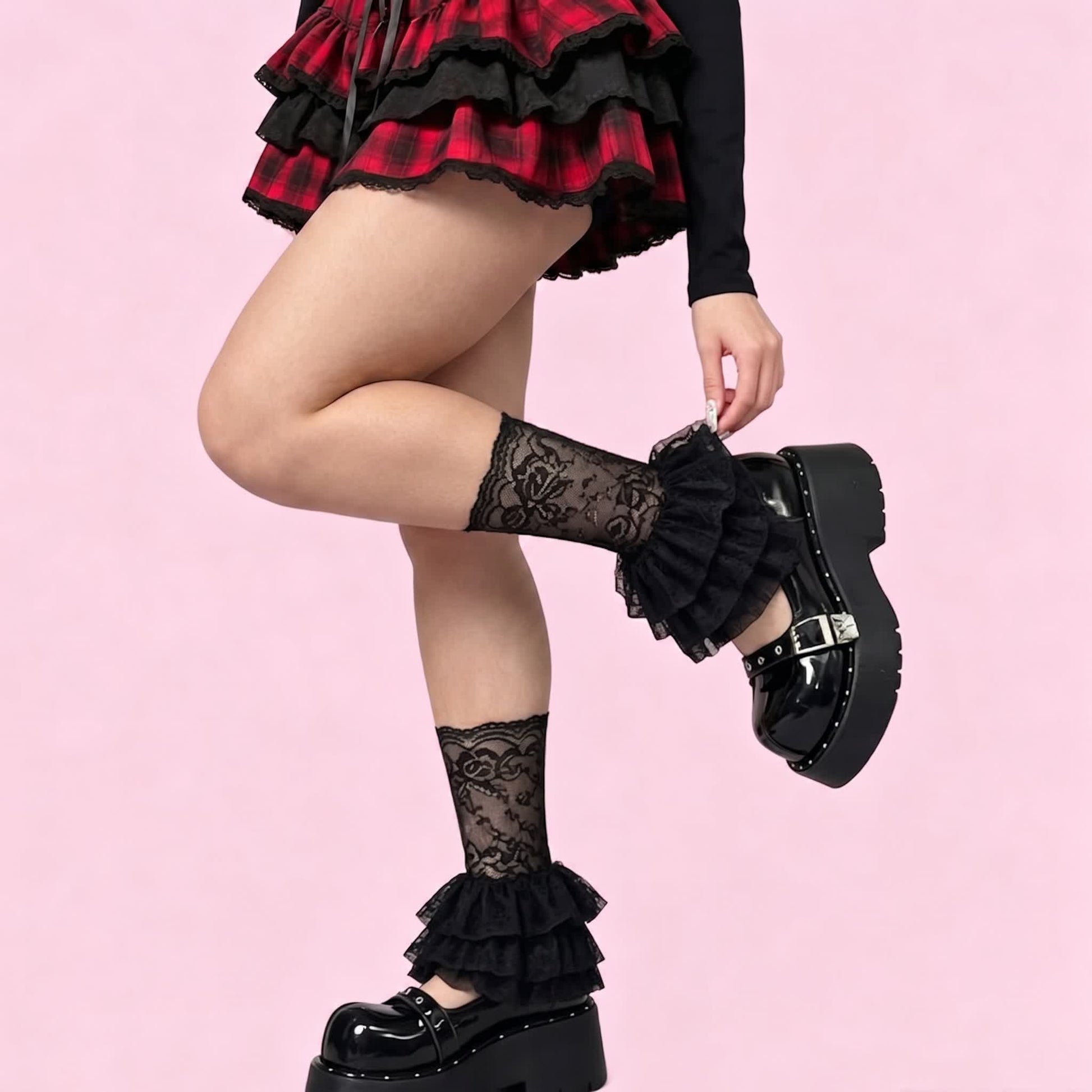 Plusock Gothic Lace Ruffle Crew Socks(2 Pairs) - Black-D2 - One Size - image 3