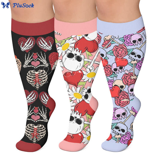 Plusock Plus Size Pink Heart Eyed Skull Compression Socks - image 0