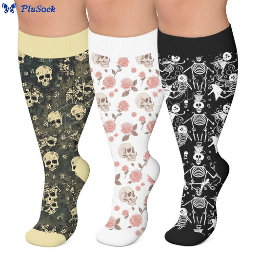 Plusock Plus Size Olive Skull Floral Compression Socks - image 0