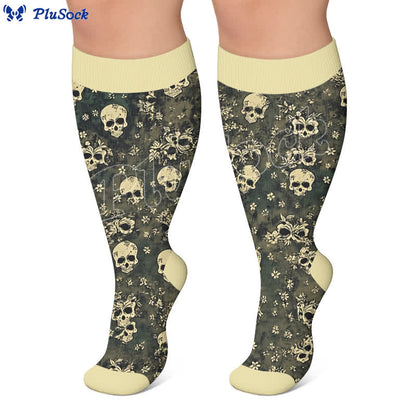 Plusock Plus Size Olive Skull Floral Compression Socks - image 5