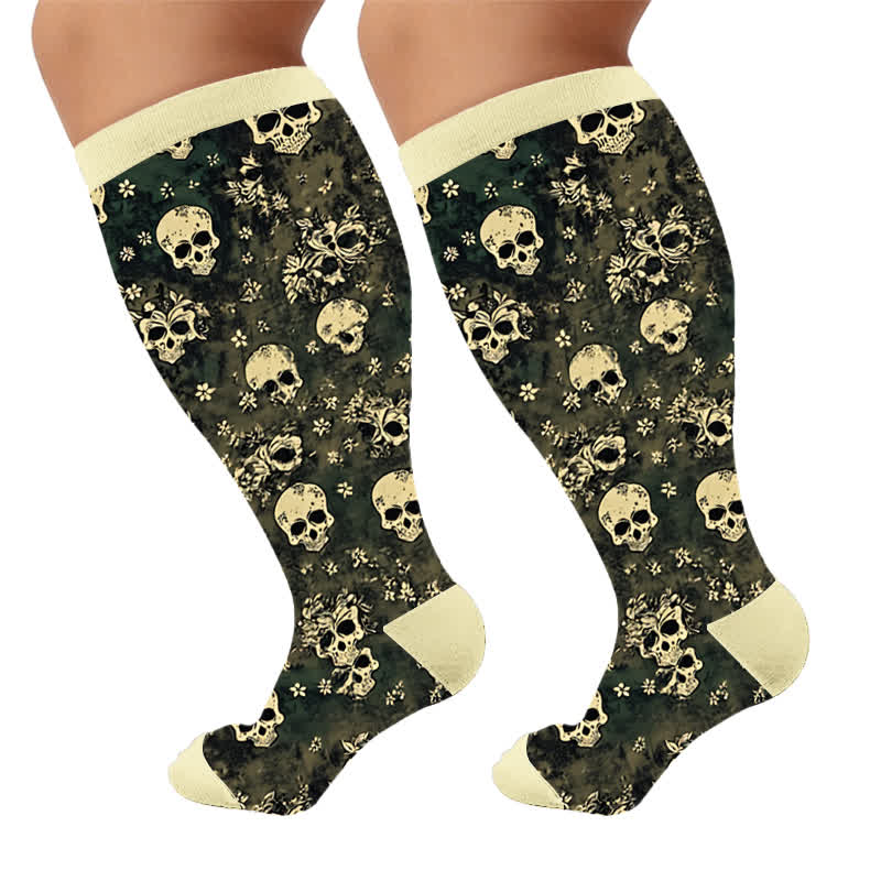 Plusock Plus Size Olive Skull Floral Compression Socks - Yellow(1 Pair) - 4XL - image 8