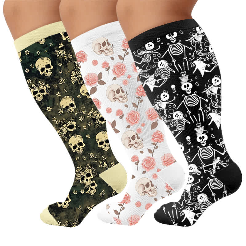 Plusock Plus Size Olive Skull Floral Compression Socks - Multicolor(3 Pairs) - 4XL - image 4