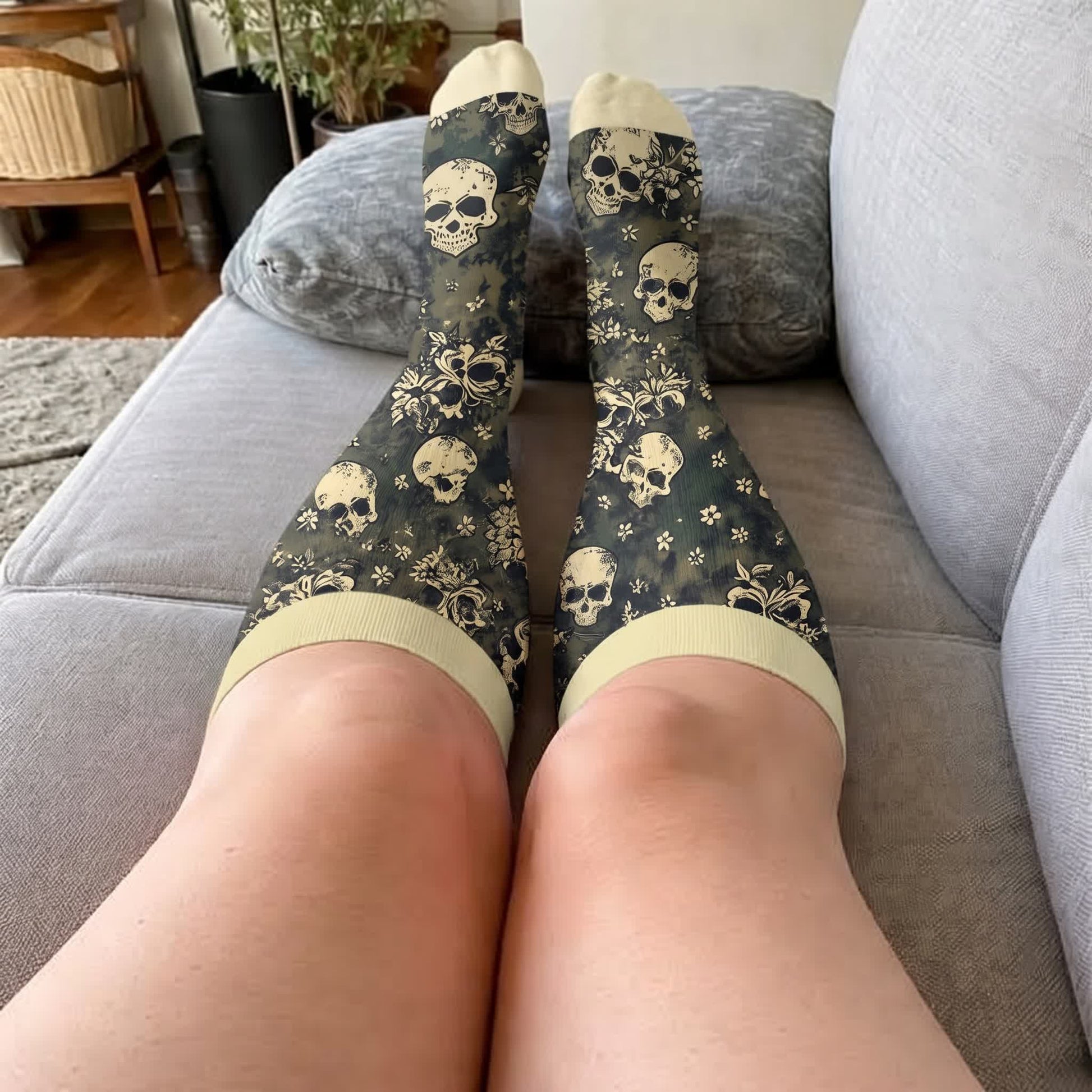 Plusock Plus Size Olive Skull Floral Compression Socks - image 1