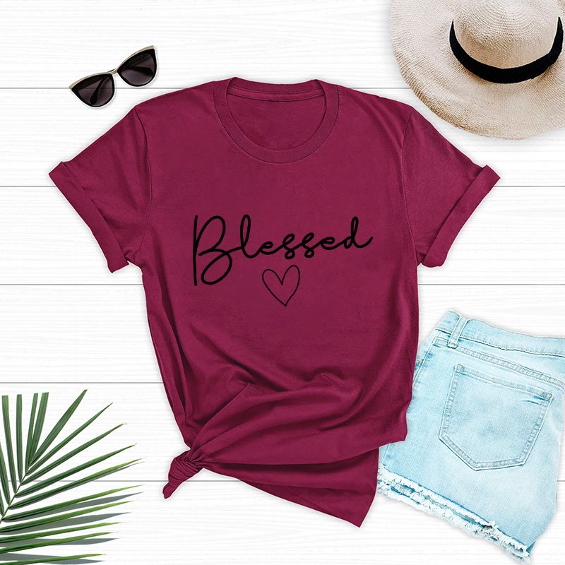 Plusock Plus Size Blessed Heart Shape T-shirt - Wine - 5XL - image 2