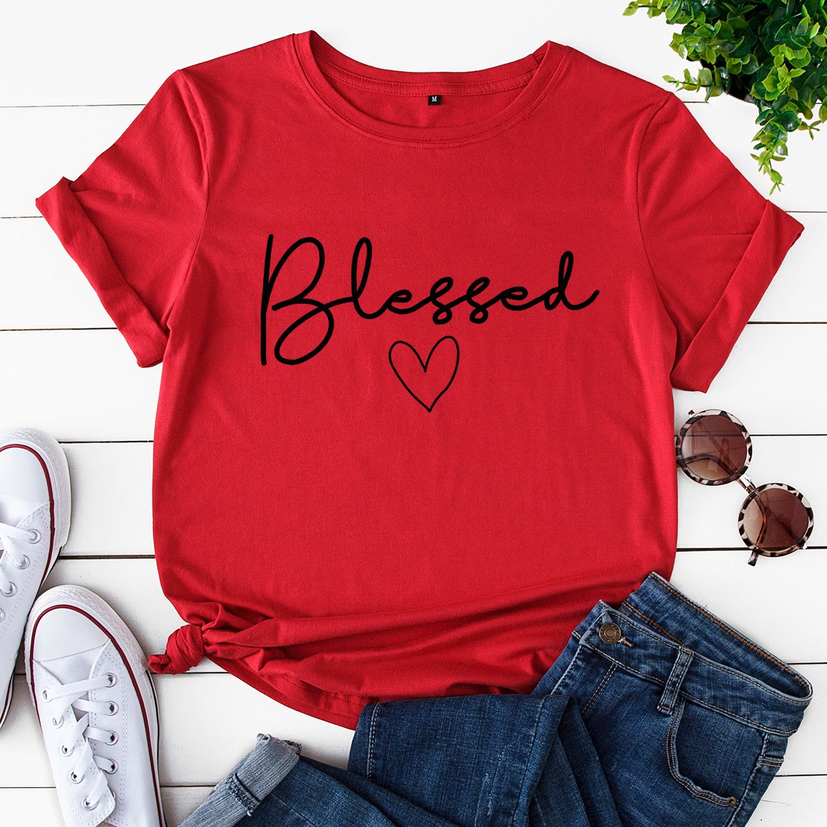 Plusock Plus Size Blessed Heart Shape T-shirt - Red - 5XL - image 6