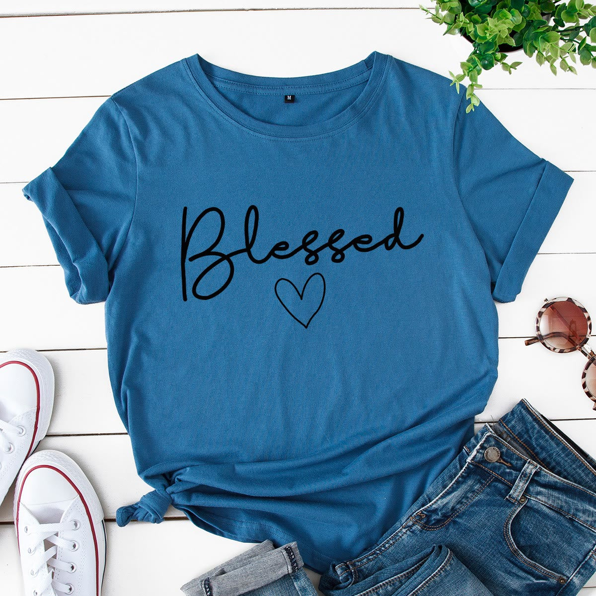 Plusock Plus Size Blessed Heart Shape T-shirt - Royal Blue - 5XL - image 7