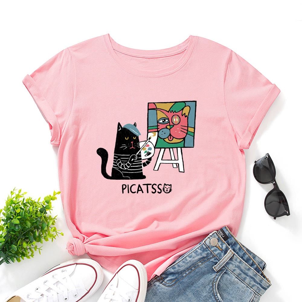 Plusock Plus Size Cartoon Cat Print T-shirt - Pink - 5XL - image 5