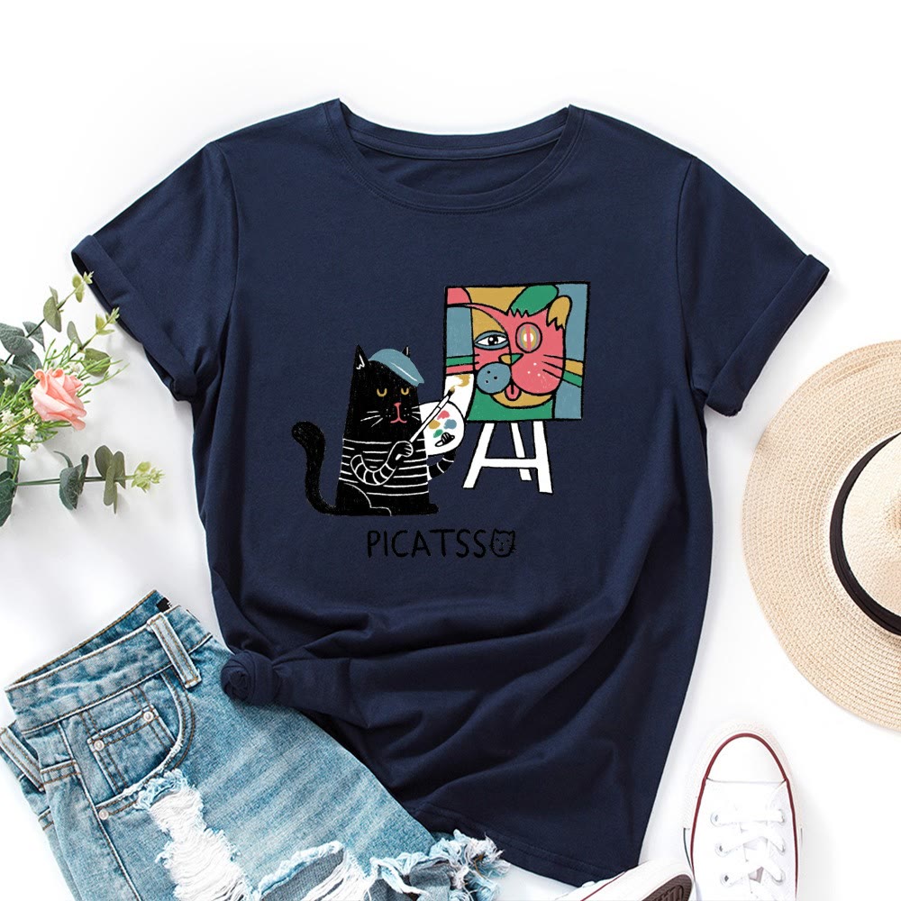 Plusock Plus Size Cartoon Cat Print T-shirt - Navy Blue - 5XL - image 8