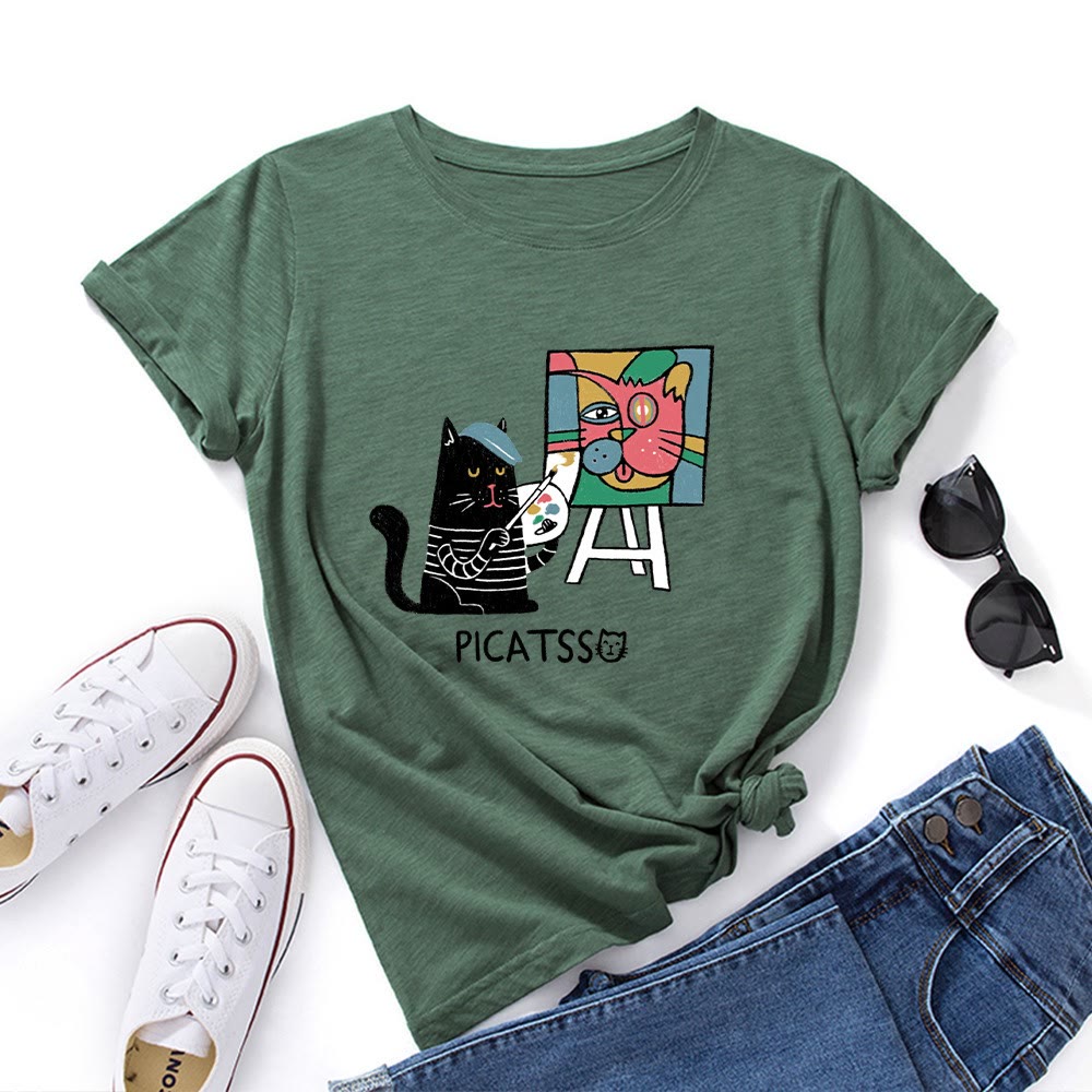 Plusock Plus Size Cartoon Cat Print T-shirt - Army Green - 5XL - image 3