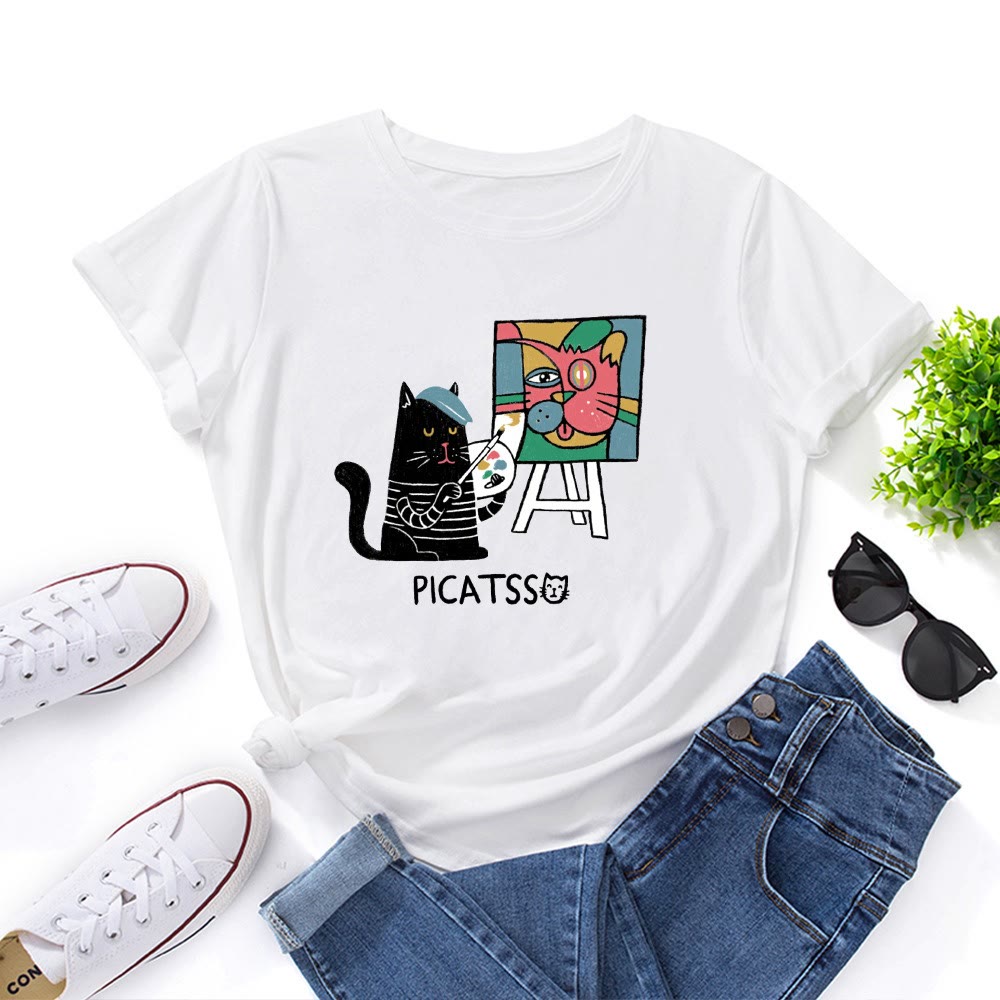 Plusock Plus Size Cartoon Cat Print T-shirt - White - 5XL - image 2