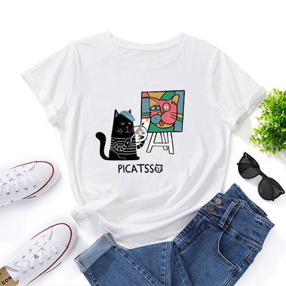 Plusock Plus Size Cartoon Cat Print T-shirt - White - 5XL - image 2