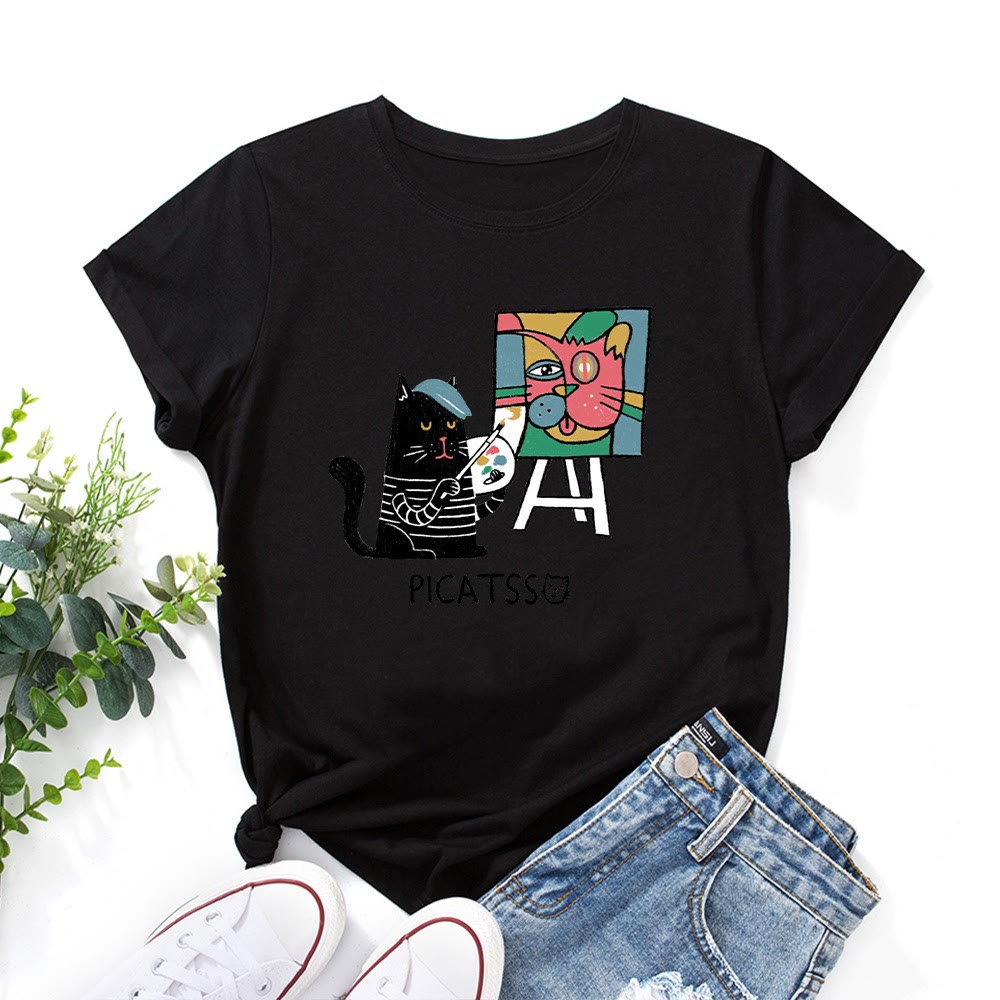 Plusock Plus Size Cartoon Cat Print T-shirt - Black - 5XL - image 0