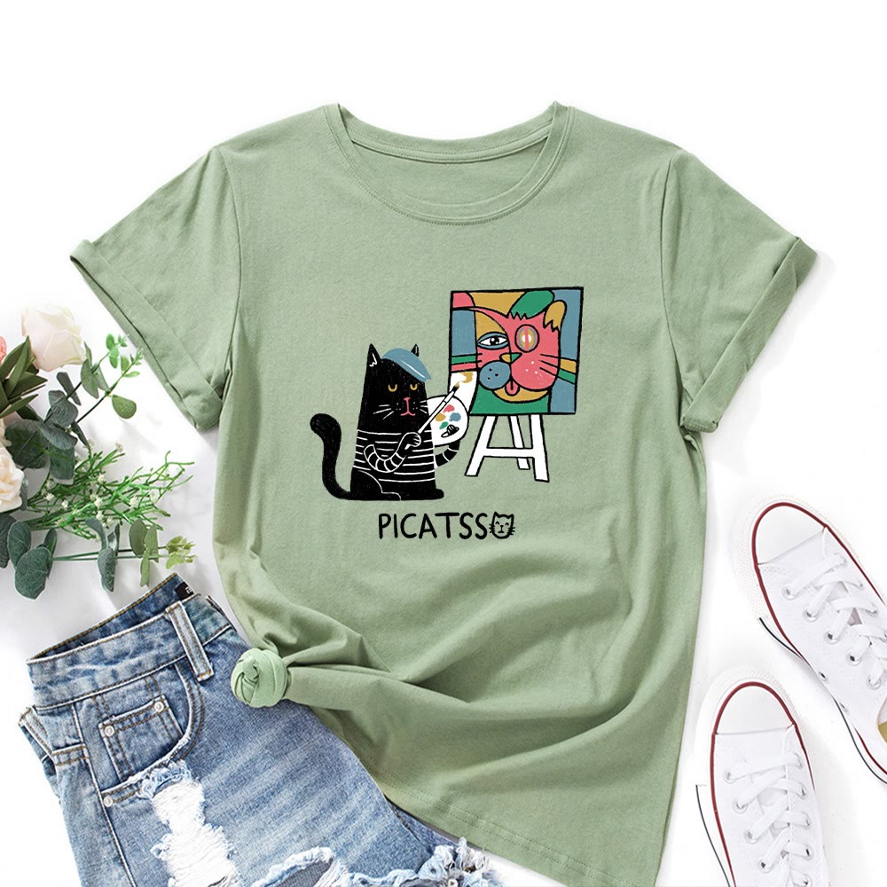 Plusock Plus Size Cartoon Cat Print T-shirt - Olive Green - 5XL - image 6