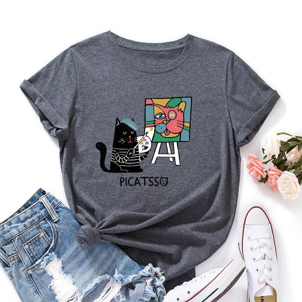 Plusock Plus Size Cartoon Cat Print T-shirt - Dark Grey - 5XL - image 10