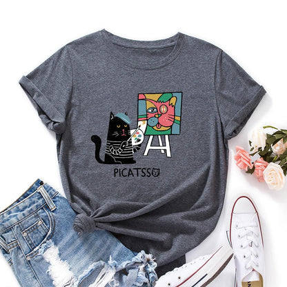 Plusock Plus Size Cartoon Cat Print T-shirt - Dark Grey - 5XL - image 10