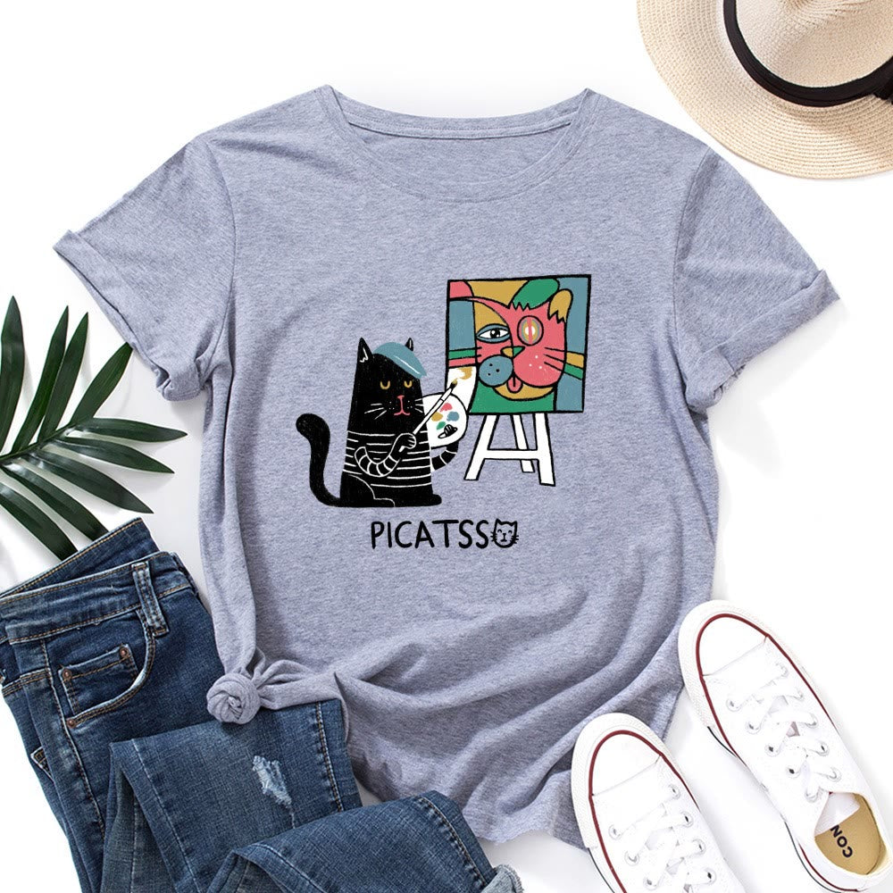 Plusock Plus Size Cartoon Cat Print T-shirt - Light Gray - 5XL - image 11