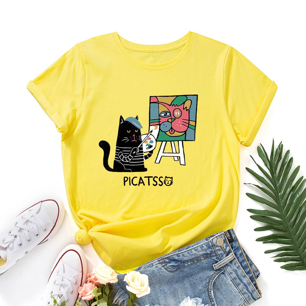 Plusock Plus Size Cartoon Cat Print T-shirt - Yellow - 5XL - image 4