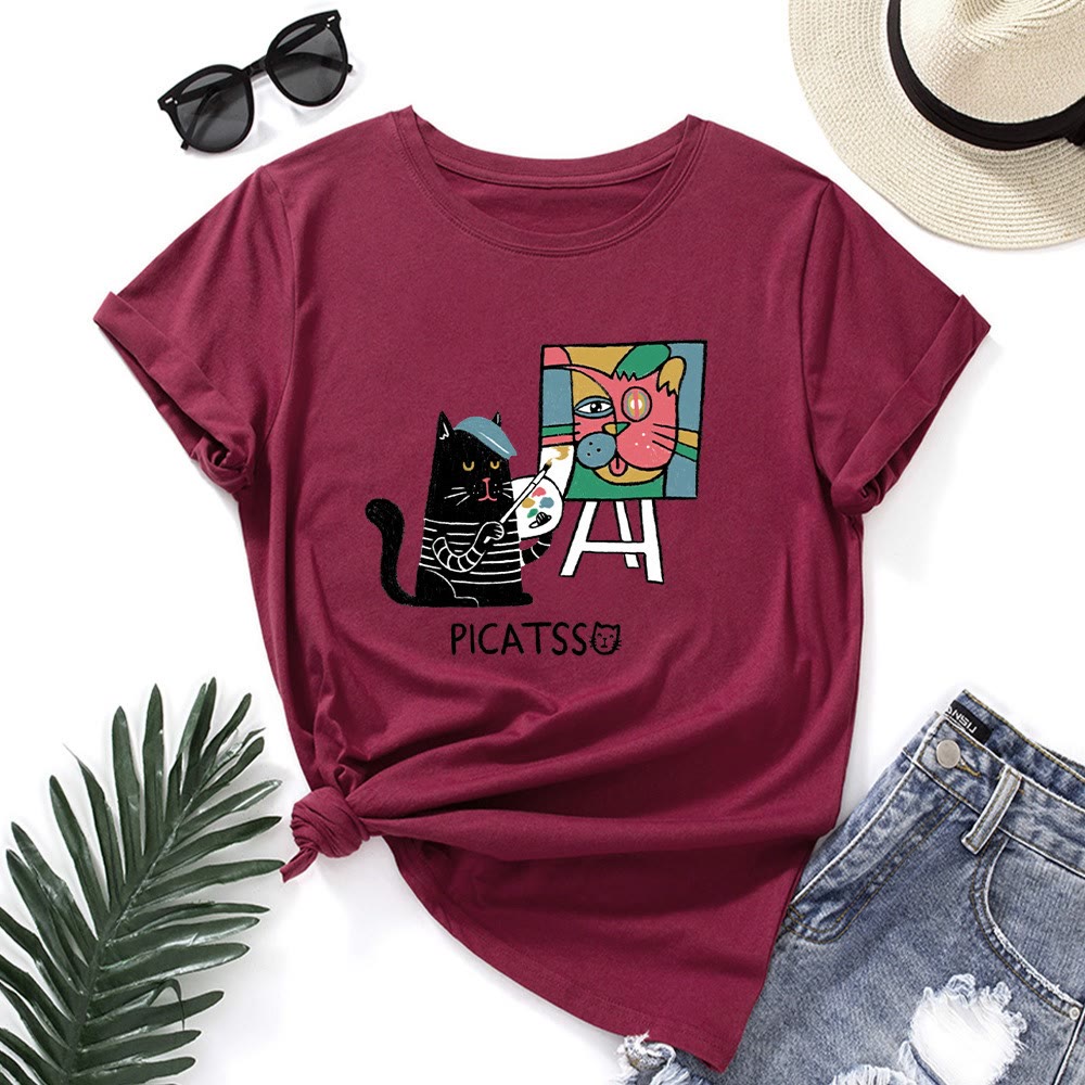 Plusock Plus Size Cartoon Cat Print T-shirt - Wine - 5XL - image 7
