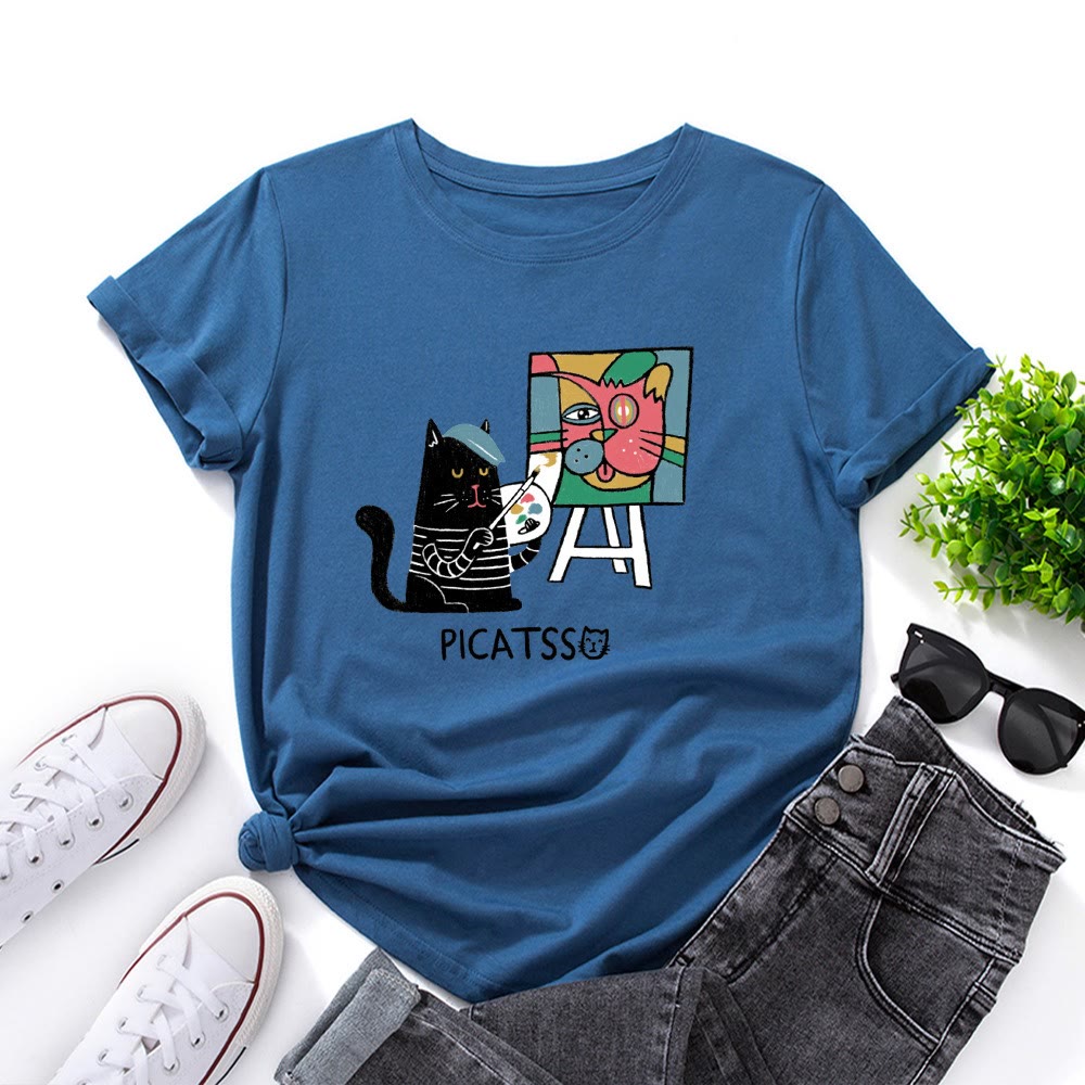 Plusock Plus Size Cartoon Cat Print T-shirt - Royal Blue - 5XL - image 9