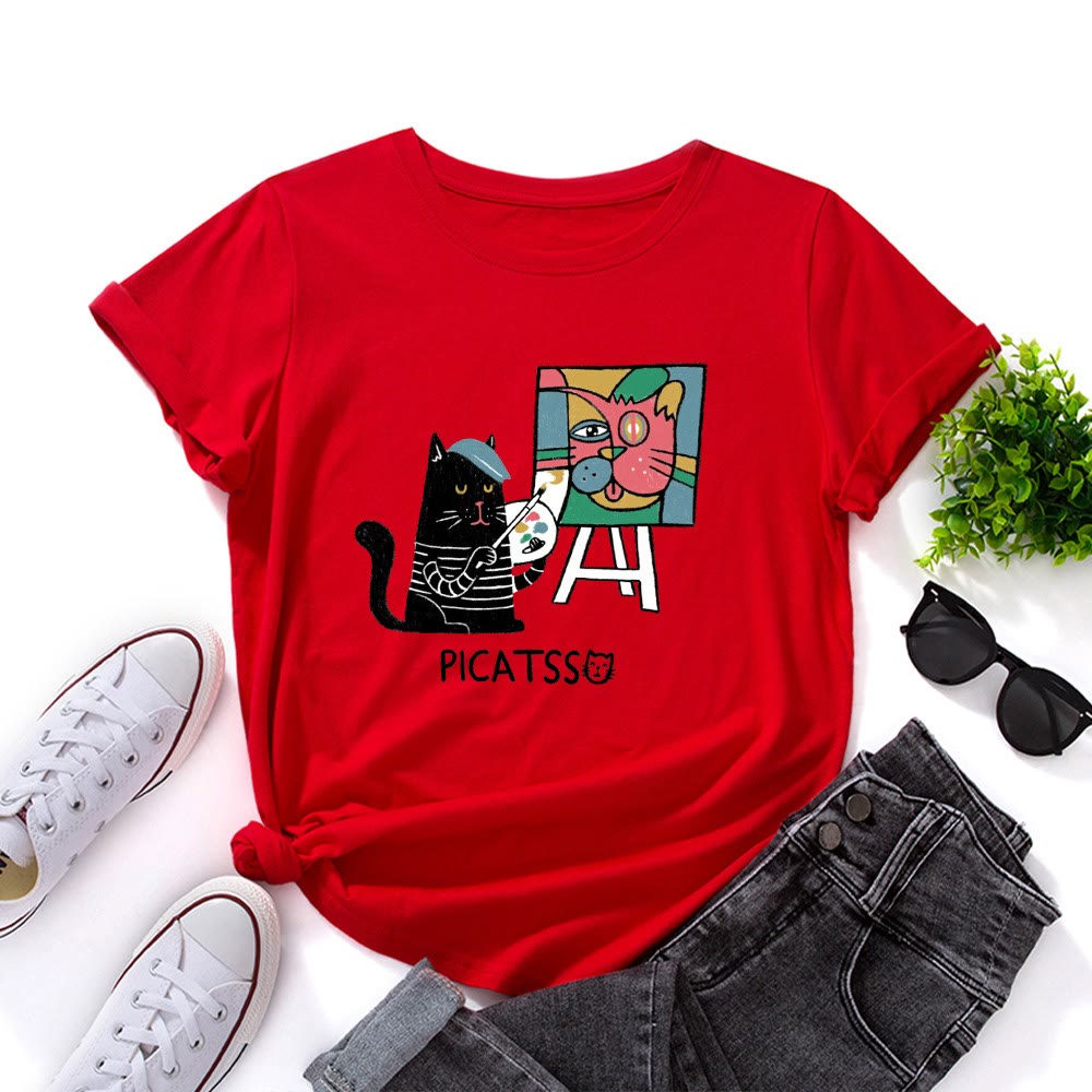 Plusock Plus Size Cartoon Cat Print T-shirt - Red - 5XL - image 1