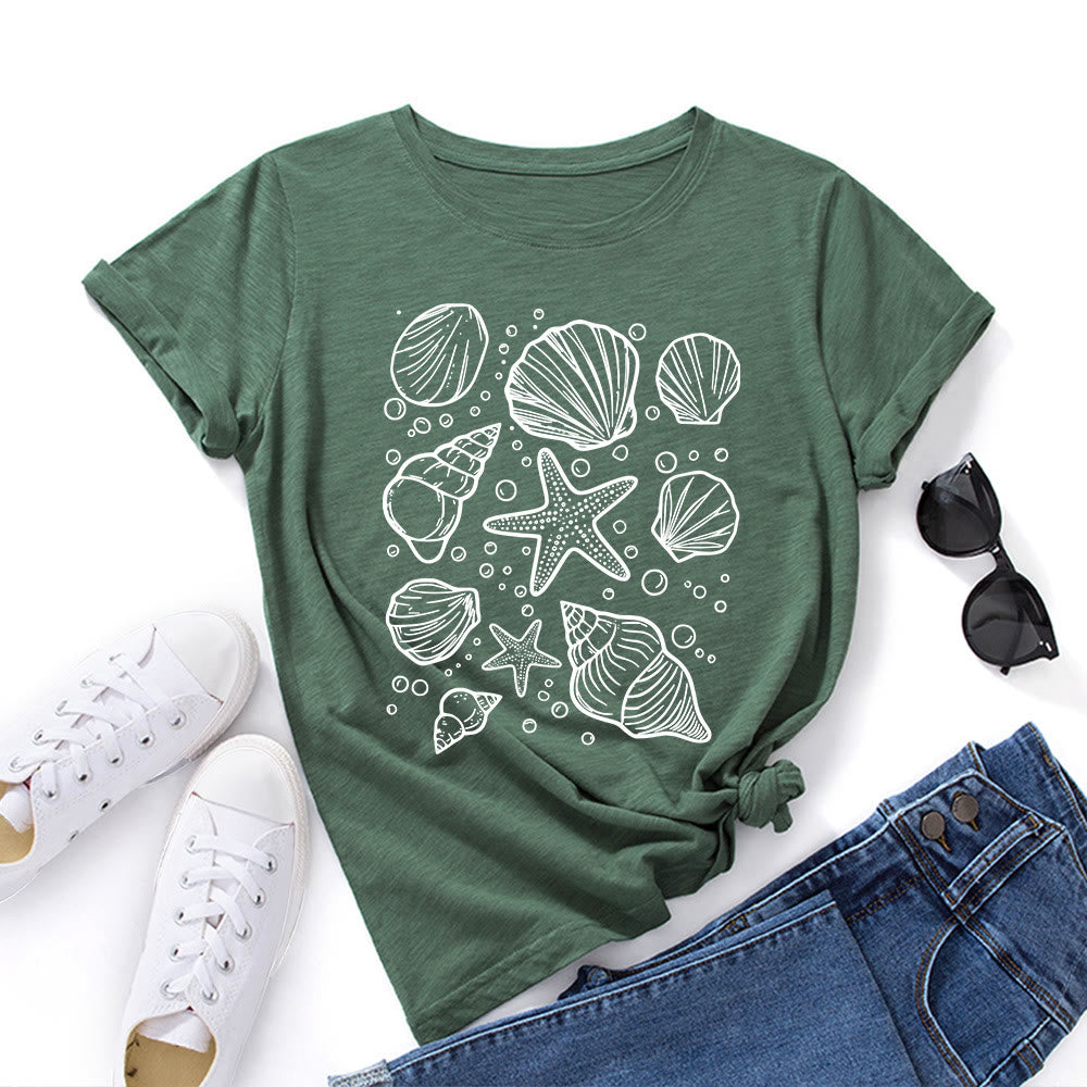 Plusock Plus Size Seashells Print T-shirt - Army Green - 5XL - image 0
