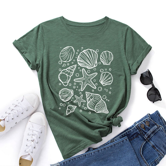 Plusock Plus Size Seashells Print T-shirt - Army Green - 5XL - image 0