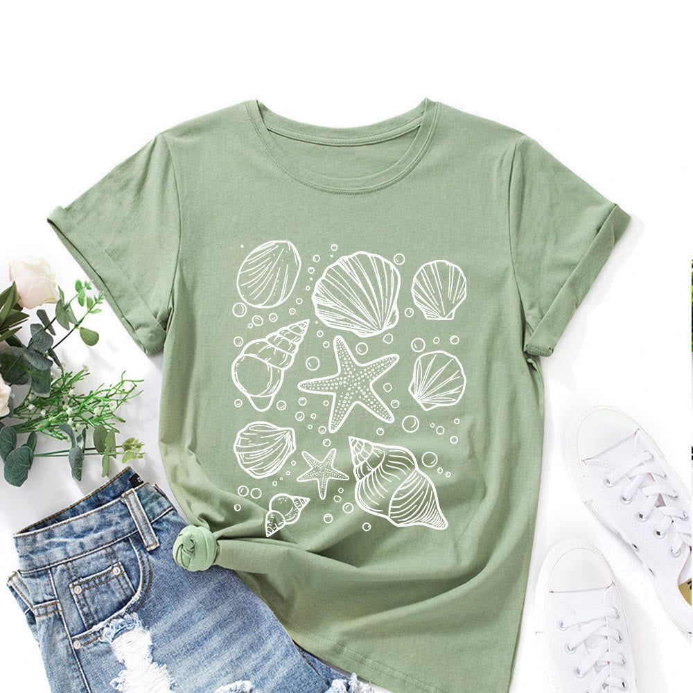 Plusock Plus Size Seashells Print T-shirt - Olive Green - 5XL - image 1