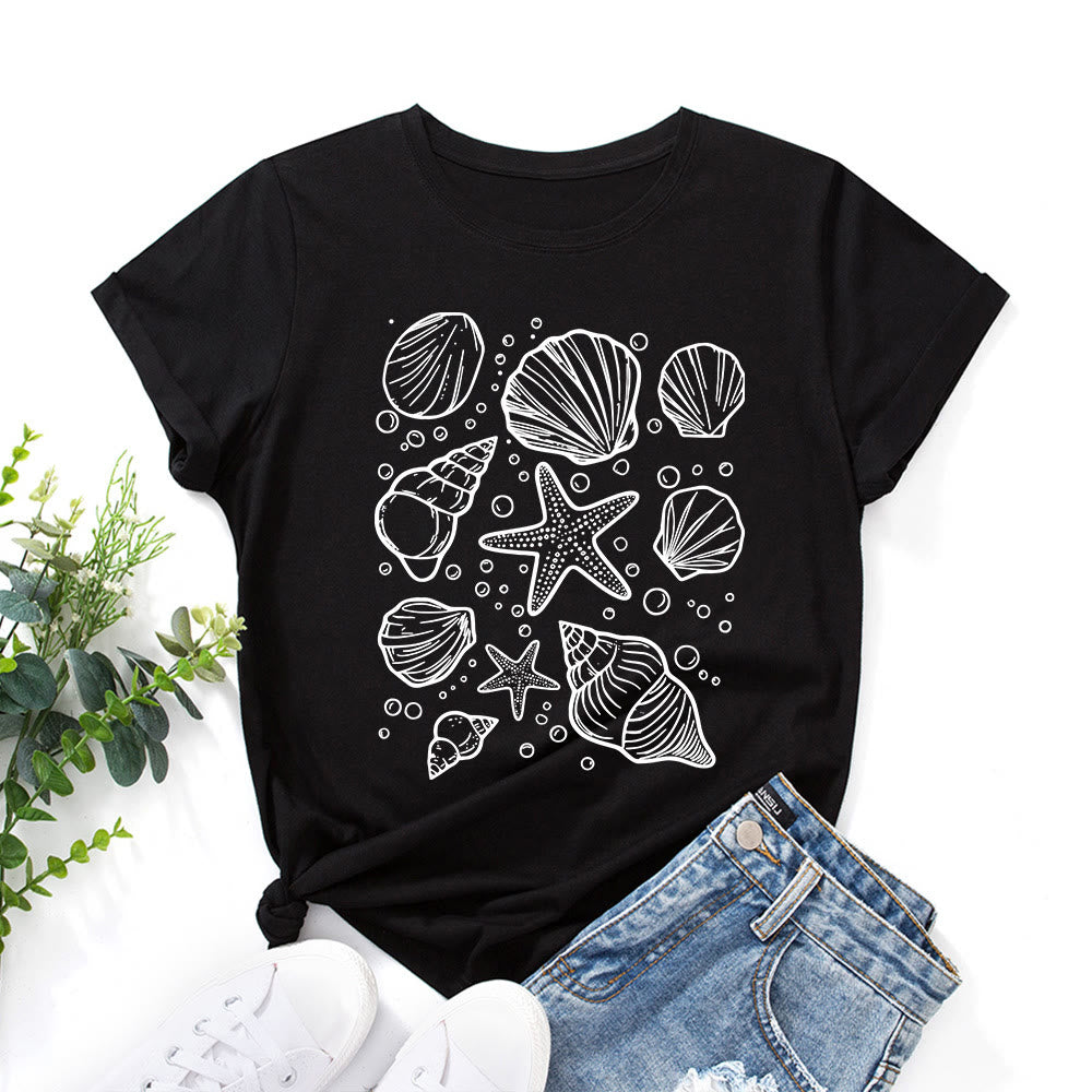 Plusock Plus Size Seashells Print T-shirt - Black - 5XL - image 3