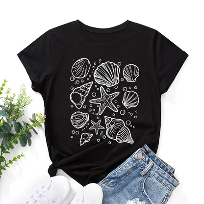 Plusock Plus Size Seashells Print T-shirt - Black - 5XL - image 3